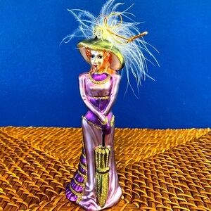 Old World Handblown Glass Purple and Gold Victorian Lady with Feathered Hat 5.5”